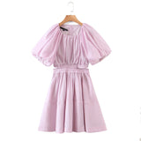 Dileoo Pink Hollow Out Dress For Women O Neck Puff Short Sleeve Elastic High Waist Ruched Slim Casual Mini Dresses Female 2022 Tide