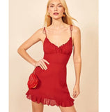 Dileoo Retro Ruffles Mini Dress Women Adjustable Spaghetti Straps Red Black Elastic Holiday Fashion Summer Dress