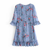 Dileoo Summer Fashion Dress O-Neck High Waist Ruffles Short Sleeves Floral Print Back Zipper Sling Mini Dress