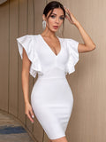 Dileoo V Neck Ruffles White Bodycon Bandage Dress Women Elegant Summer Short Butterfly Sleeve Club Celebrity Evening Party Outfit Dress