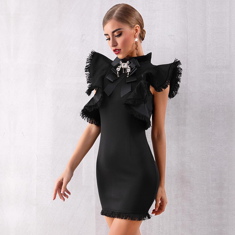 Dileoo Newest Fashion Celebrity Party Bodycon Dress Women Black White Cloak Sleeves Bow  Nightclub Mini Dress Women Vestidos