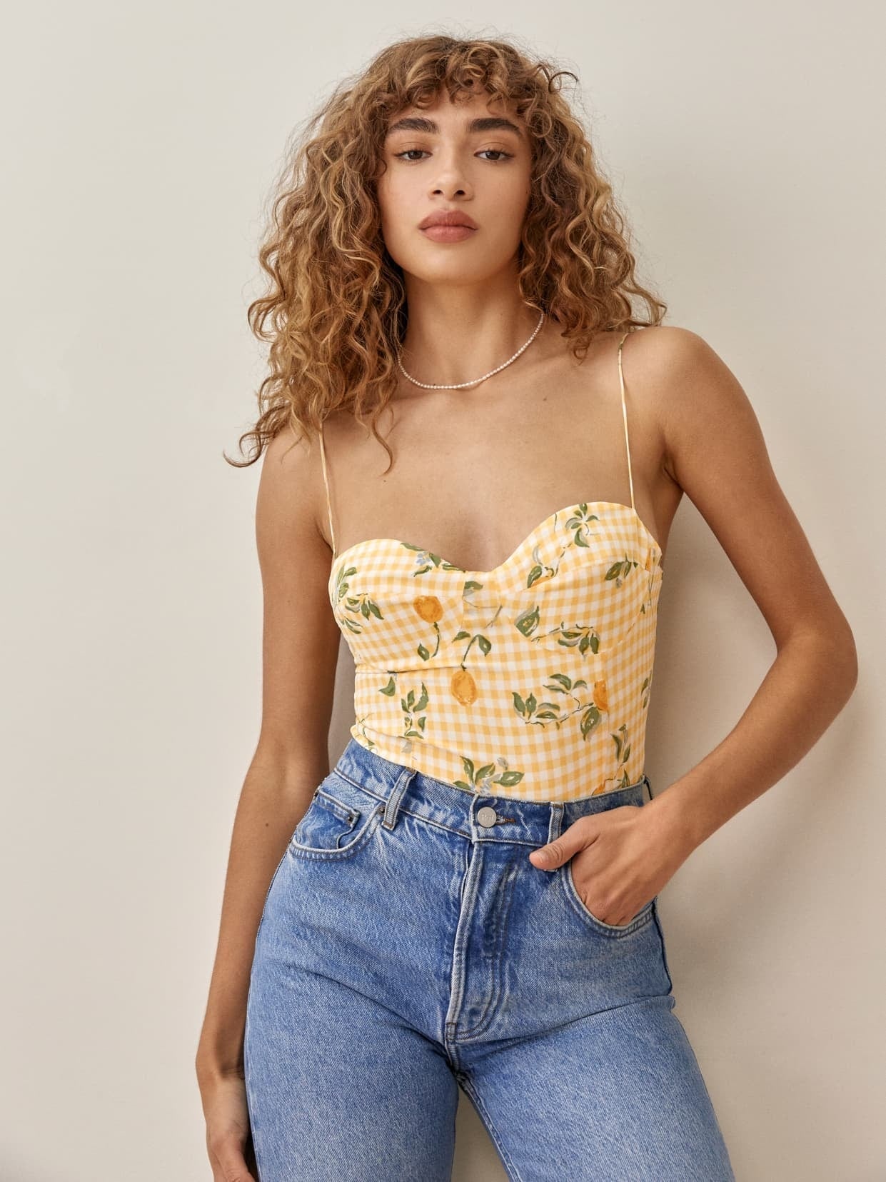 Dileoo Summer Top Spaghetti Strap Fashion Back Elastic Zipper Women Camis Vintage Yellow Tartan Floral Print Tank Top