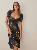 Dileoo Bandage Slim Waist Elegant Long Dress Women Vintage Summer Dress Puff Sleeve French Midi Party Dresses