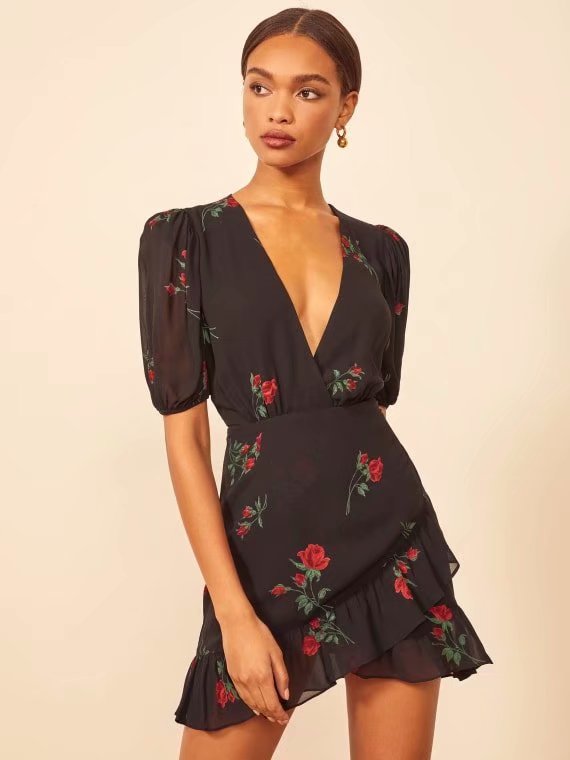 Dileoo Elegant Women Mini Dress Floral Print V Neck Hollow Out Black Short Sleeve Short Dress Femme Vestidos