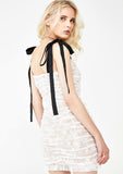 Dileoo Dolly Mini Dress Features Pleated Lace Satin Straps Ruffled Scalloped Hemline Front Buttons Short Party Dress