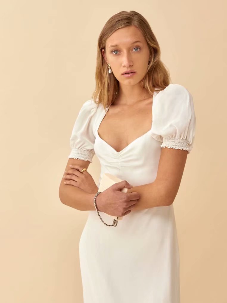 Dileoo Heart Collar High Waist Vintage Midi Dress Women Elegant Summer Dress White Drawstring Slim Long Dresses Outfits