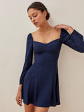 Dileoo Vintage Solid Color Women Dress Sexy Square Neck Long Sleeve A-Line Chiffon Dress Casual Summer Mini