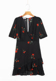 Dileoo Elegant Women Mini Dress Floral Print V Neck Hollow Out Black Short Sleeve Short Dress Femme Vestidos
