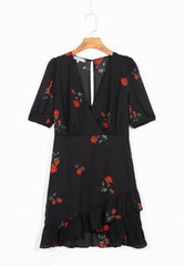 Dileoo Elegant Women Mini Dress Floral Print V Neck Hollow Out Black Short Sleeve Short Dress Femme Vestidos