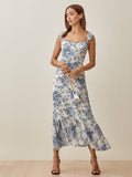 Dileoo Fashion Women French Vintage Flowers Print Slim Strap Dress 2022 Summer Sleeveless Female Lace-Up Midi Dress