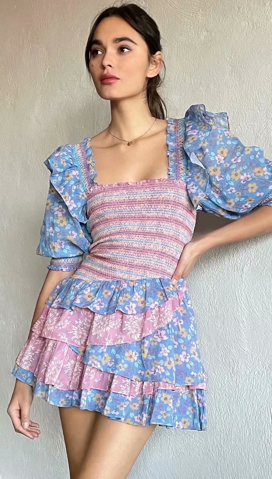 Dileoo Linjiashop Romantic Women Dress Floral Print Elastic Ruffles  Square Collar Puff Sleeve Spring Summer Mini Dress