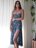 Dileoo  Split Vestidos Retro Dresses Slim Chic Dress Vintage Blue Floral Print Tube Top Women Dress