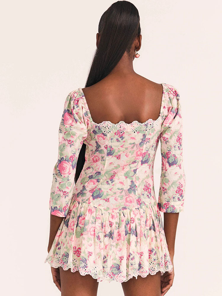 Dileoo Women Fashion Pink Floral Print Mini Dress Summer Holiday Beach Half Sleeves Bow Tie Embroidery Short Dress Vestidos