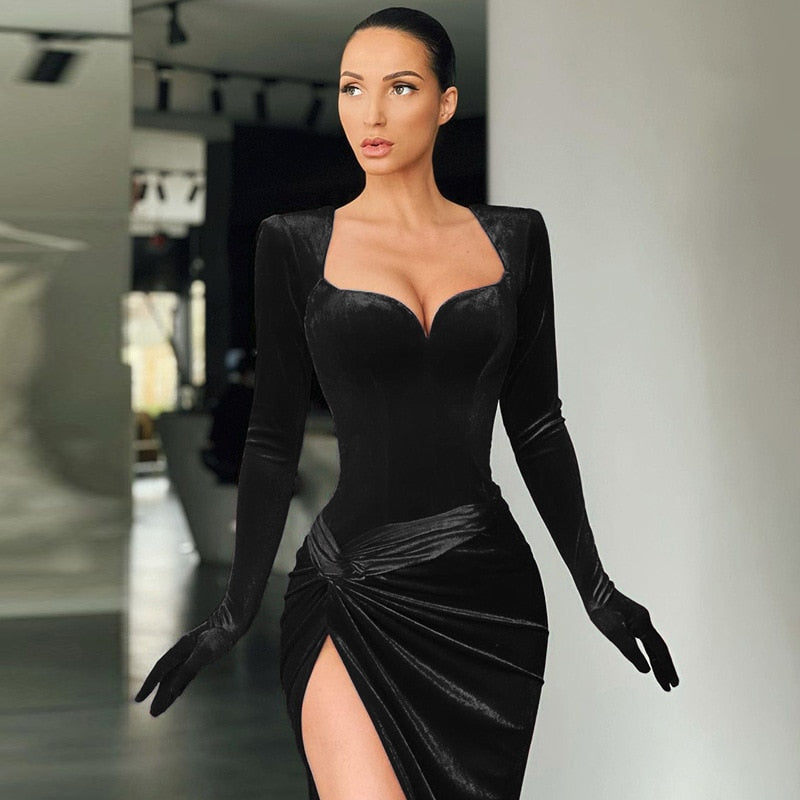 Dileoo Black Velvet  Split Dresses Gloves Sleeve Fashion Gown Club Party Midi Dress For Clothing Autumn V-Neck Dresses For Women