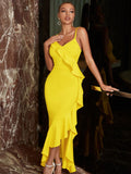 Dileoo Fashion Summer Maxi Spaghetti Strap Mermaid Dress For Women  V Neck Yellow Ruffles Night Club Elegant Evening Party Dresses