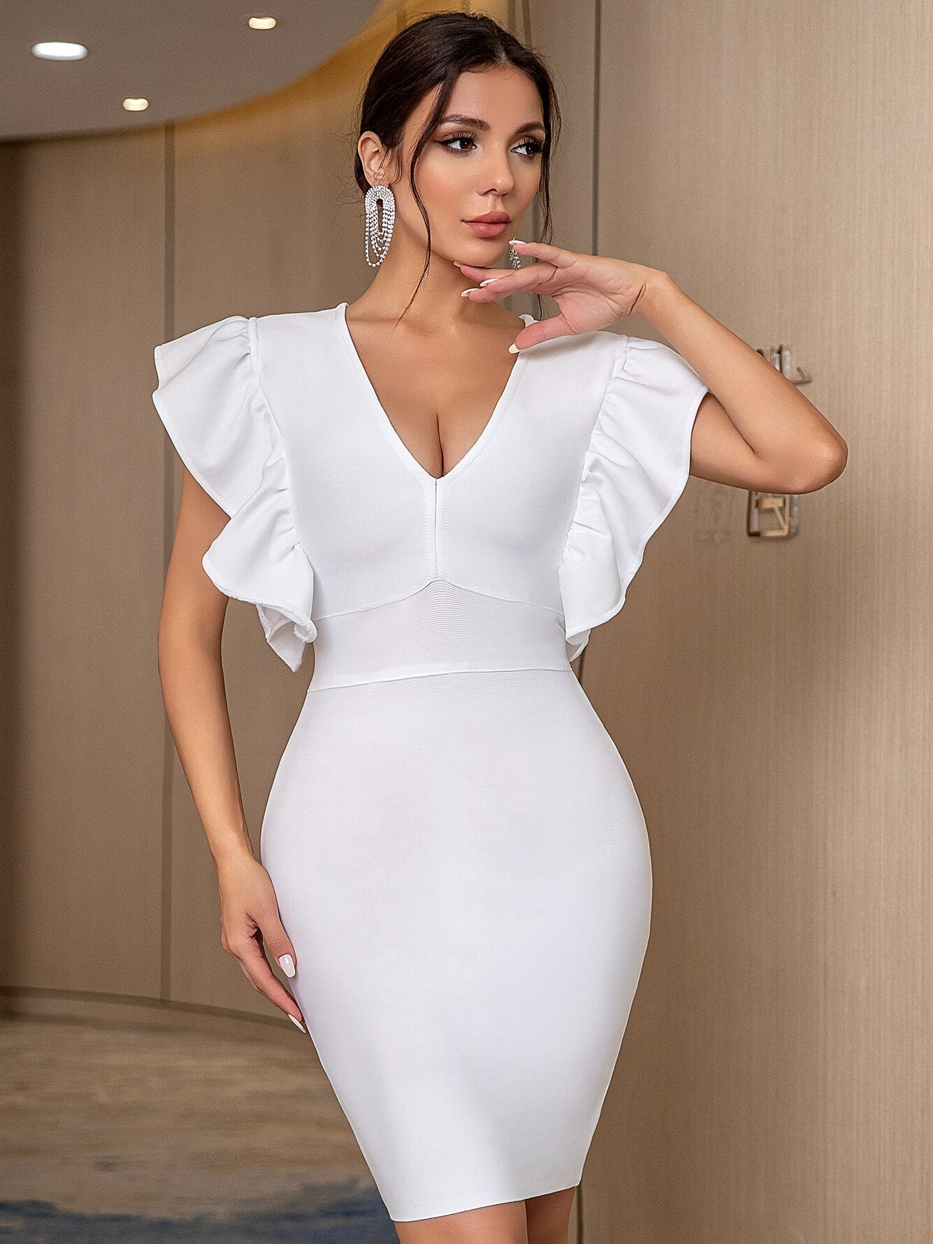 Dileoo V Neck Ruffles White Bodycon Bandage Dress Women Elegant Summer Short Butterfly Sleeve Club Celebrity Evening Party Outfit Dress
