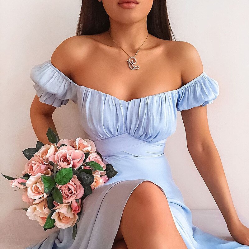 Dileoo Women's Dress 2022 Summer Sexy Off Shoulder Solid White A-Line High Waist Short Petal Sleeve Elegant Office Lady Dresses Party