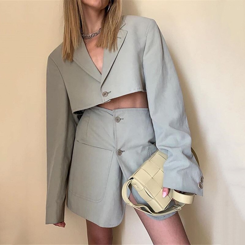 Dileoo  Notched Single Button Blazer Set Women 2022 Spring V-Neck Long Sleeve Top Asymmetry Skirt Suit Office Ladies Outfit Dress