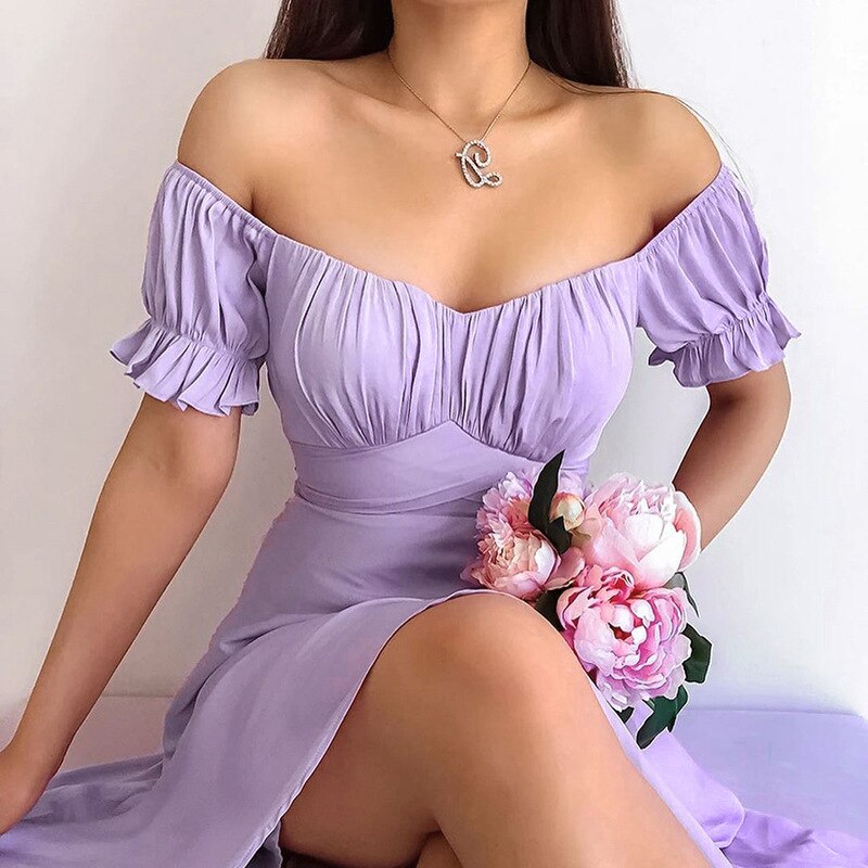 Dileoo Women's Dress 2022 Summer Sexy Off Shoulder Solid White A-Line High Waist Short Petal Sleeve Elegant Office Lady Dresses Party