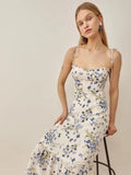 Dileoo Summer Women Long Dress Floral Print Spaghetti Straps Lining Boho Back Zipper Elastic Party Midi Dress