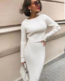 Dileoo Woman Dress Elegant Stripe Two Piece Dress White Round Neck Knit Dress High Waist Street Style Autumn Winter Dress Two Piece Set